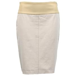 Brunello Cucinelli-Brunello Cucinelli Leather Trim Embellishment Knee-Length Skirt in Cream Cotton-White,Cream