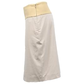 Brunello Cucinelli-Brunello Cucinelli Leather Trim Embellishment Knee-Length Skirt in Cream Cotton-White,Cream