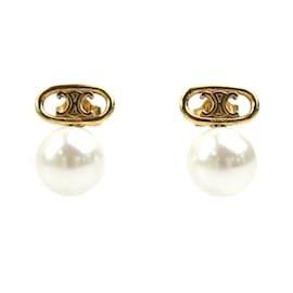 Céline-Celine Gold and White Stud Earrings-White,Golden