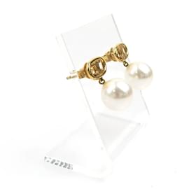 Céline-Celine Gold and White Stud Earrings-White,Golden