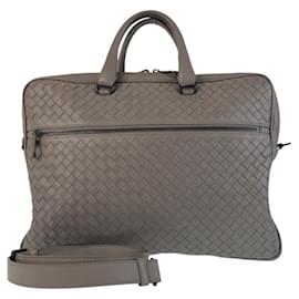 Bottega Veneta-Bottega Veneta Intrecciato Leather Business Bag-Grey