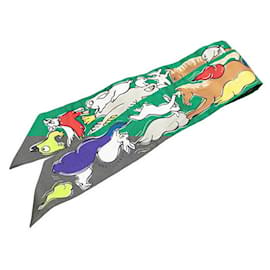 Hermès-Hermes Silk Twilly Mille et Un Lapins Scarf-Green