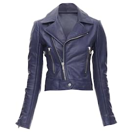 Balenciaga-BALENCIAGA 2014 dark blue lambskin leather cropped fit biker jacket -Blue
