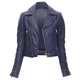 Balenciaga-Veste de biker cropped en cuir d'agneau bleu foncé BALENCIAGA 2014-Bleu