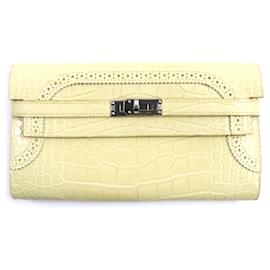 Hermès-Portefeuille Hermes Kelly Long Gillies Alligator-Blanc