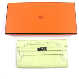 Hermès-Portefeuille Hermes Kelly Long Gillies Alligator-Blanc
