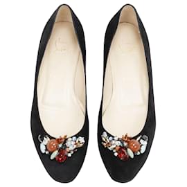 Christian Louboutin-Ballerines en daim ornées de pierres en cristal mélangées Christian Louboutin-Noir