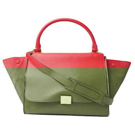 Céline-Celine Trapeze Handbag Red 2-Way Strap-Red