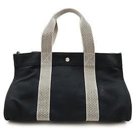 Hermès-Sac tote en toile Hermes Cannes MM Noir Ivoire-Noir