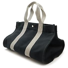 Hermès-Sac tote en toile Hermes Cannes MM Noir Ivoire-Noir