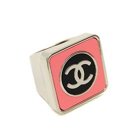 Chanel Coco Mark Square Ring Black Silvery Pink