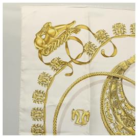 Hermès-HERMES Carre 90 Scarf ""LES CAVALIERS D'OR"" Silk White Auth fm4509-White