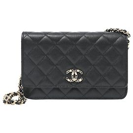 Chanel Shiny Enamel Quilted CC Wallet On Chain in Black Caviar Leather Black
