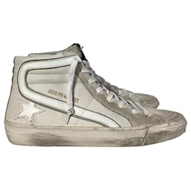 Golden Goose-Golden Goose Slide Classic High-Top Sneakers in White Leather and Suede-White