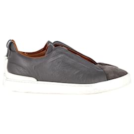Ermenegildo Zegna- Ermenegildo Zegna Triple Stitch Slip-On Sneakers in Grey Calf Leather and Suede-Grey