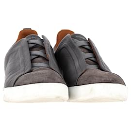 Ermenegildo Zegna- Ermenegildo Zegna Triple Stitch Slip-On Sneakers in Grey Calf Leather and Suede-Grey