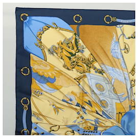 Hermès-HERMES Carre 90 Scarf Soleil de Soie Silk Navy Yellow Auth ki5656-Yellow,Navy blue