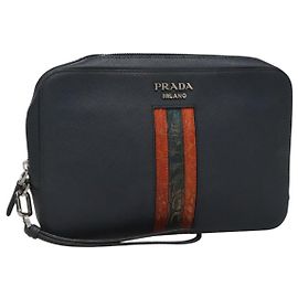 PRADA Clutch Tasche aus Safiano-Leder in Marineblau Silber Auth BD1408 Silber Marineblau
