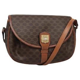 Céline-CELINE Macadam Canvas Shoulder Bag PVC Leather Brown Gold Auth BD1445-Brown,Golden