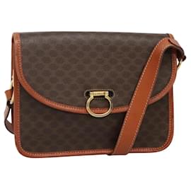 Céline-CELINE Macadam Canvas Shoulder Bag PVC Leather Brown Gold Auth BD1349-Brown,Golden