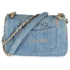 Chanel-Chanel Blue Quilted Denim Printed Small Mood Flap Bag-Blue
