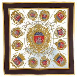 Hermès-Hermès Carré 90 "Les Armes de Paris" 100% Silk Scarf in Brown and Blue-Brown