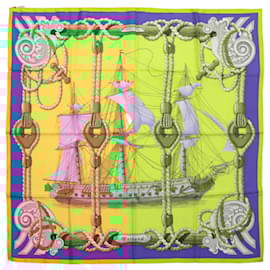 Hermès-Hermès Carré 90 "Tribord" 100% Silk Scarf in Yellow and Blue-Blue