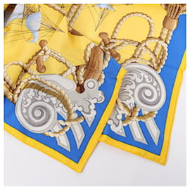 Hermès-Carré Hermès 90 "Tribord" écharpe en soie 100% jaune et bleu-Bleu