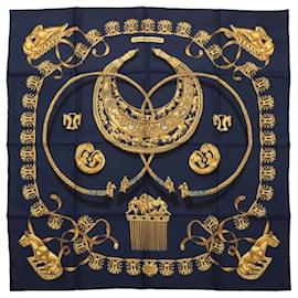 Hermès-Hermès Carré 90 "LES CAVALIERS D'OR" 100% Silk Scarf in Navy Blue-Blue