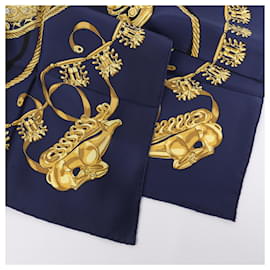 Hermès-Hermès Carré 90 "LES CAVALIERS D'OR" 100% Silk Scarf in Navy Blue-Blue