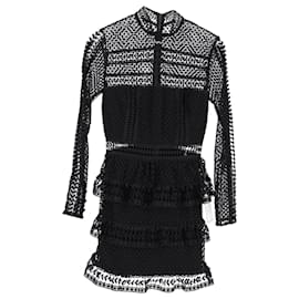 Self portrait- Self-Portrait Lace Tiered Mini Dress in Black Polyester-Black
