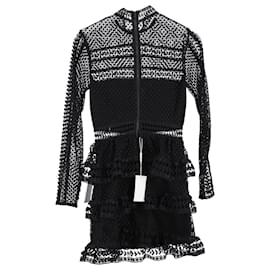 Self portrait- Self-Portrait Lace Tiered Mini Dress in Black Polyester-Black