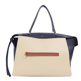 Céline-CELINE Ring Bag Tote Leather Women's-White,Navy blue