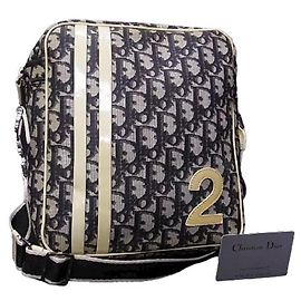 Christian Dior Navy Blue White Monogram Crossbody Shoulder Bag White Blue