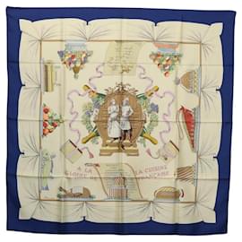 Hermès-HERMES Carre 90 Scarf A LA GLOIRE DE LA CUISINE FRANCAISE Silk Beige Auth my464-Blue,Beige