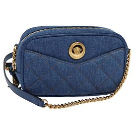 Borsa a spalla VERSACE Medusa in denim blu oro Auth BD1427 Blu D'oro