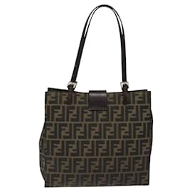 Fendi-FENDI Zucca Toile Mamma Baguette Sac Tote Noir Marron Argent Auth BD1155-Marron,Noir,Argenté