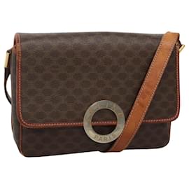 Céline-CELINE Macadam Canvas Shoulder Bag PVC Leather Brown Gold Auth 116805-Brown,Golden