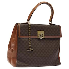 Céline-CELINE Macadam Canvas Hand Bag PVC Leather Brown Gold Auth MY371-Brown,Golden