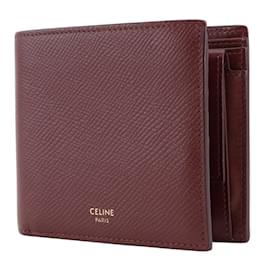 Céline-Celine Bi-Fold Wallet in Bordeaux Leather-Red,Dark red