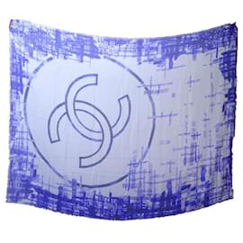 Chanel-CHANEL SCARF SHAWL STOLE CC LOGO GRAFFITI 140X180 CM MODAL AND SILK SCARF-Blue