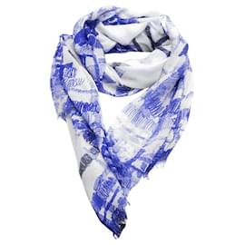 Chanel-CHANEL SCARF SHAWL STOLE CC LOGO GRAFFITI 140X180 CM MODAL AND SILK SCARF-Blue