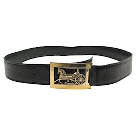 Céline-VINTAGE CEINTURE CELINE T83 BOUCLE CALECHE IN VERMEIL SILVER 800 GOLD PLATED BELT-Black