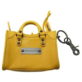 Balenciaga-NINE KEYCHAIN BAG CHARM BALENCIAGA TINY CITY 293332 YELLOW LEATHER-Yellow