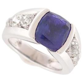 Autre Marque-Tanzanite ring set with 5 ct stone and 6 diamonds 1.3 ct T57 in white gold 12.9 g-Silvery