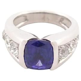 Autre Marque-Tanzanite ring set with 5 ct stone and 6 diamonds 1.3 ct T57 in white gold 12.9 g-Silvery