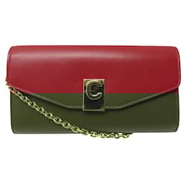 Céline-CELINE HAND BAG POCHETTE C WITH RED LEATHER CHAIN WALLET ON CHAIN WOC-Red