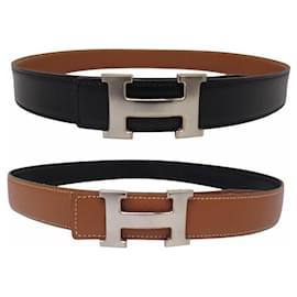 Hermès-VINTAGE HERMES BELT BUCKLE H 32MM BRUSHED STEEL REVERSIBLE LEATHER T80-Black