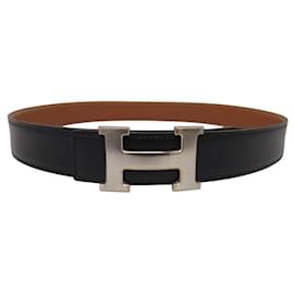 Hermès-VINTAGE HERMES BELT BUCKLE H 32MM BRUSHED STEEL REVERSIBLE LEATHER T80-Black