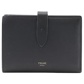 Céline-Celine Medium Strap Wallet Bi-fold in Black Calfskin-Black